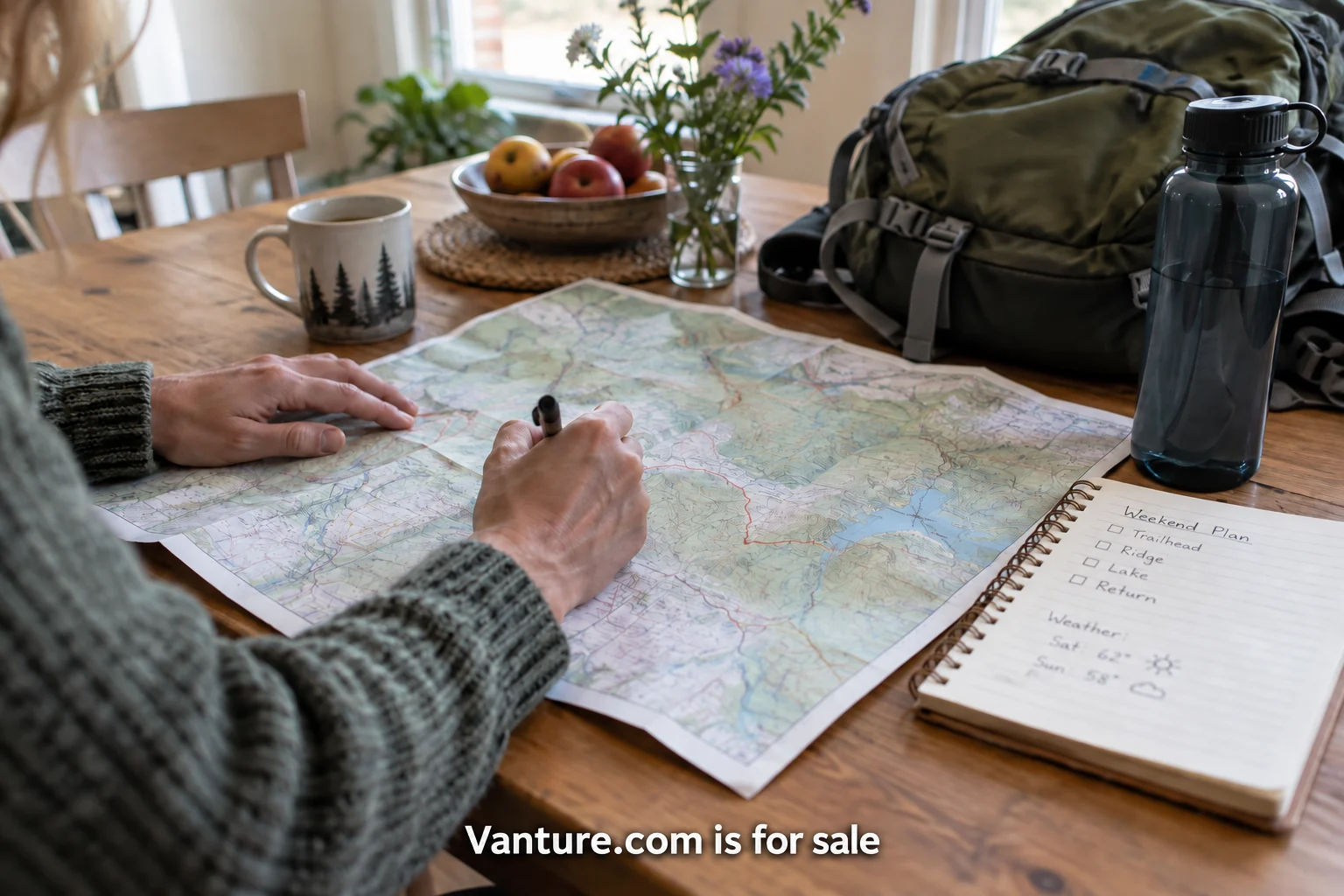 A traveler preparing a map and backpack for a weekend outside